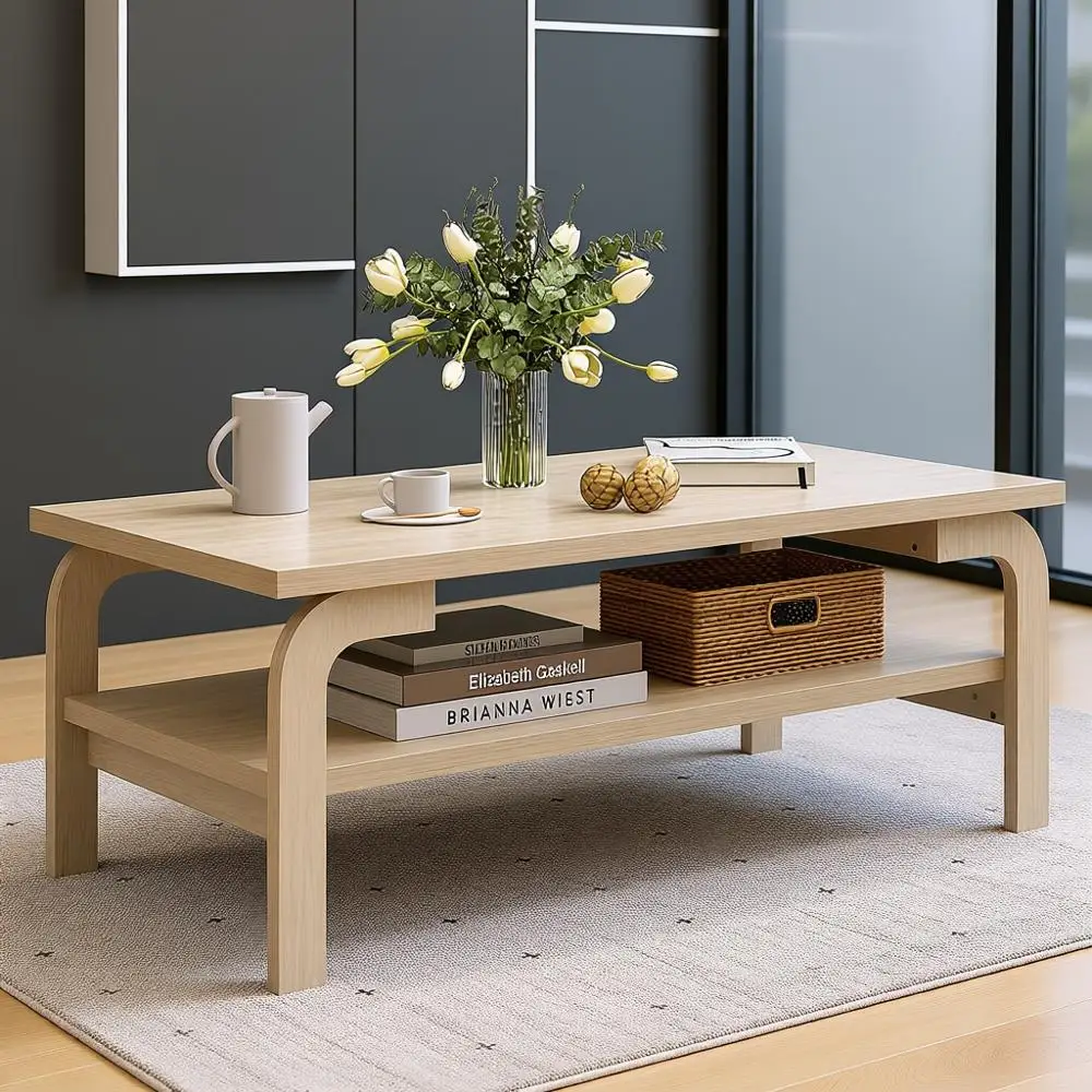 Mid-Century 47 Rustic Coffee Table with Storage Shelf and Curved Legs for Living Room