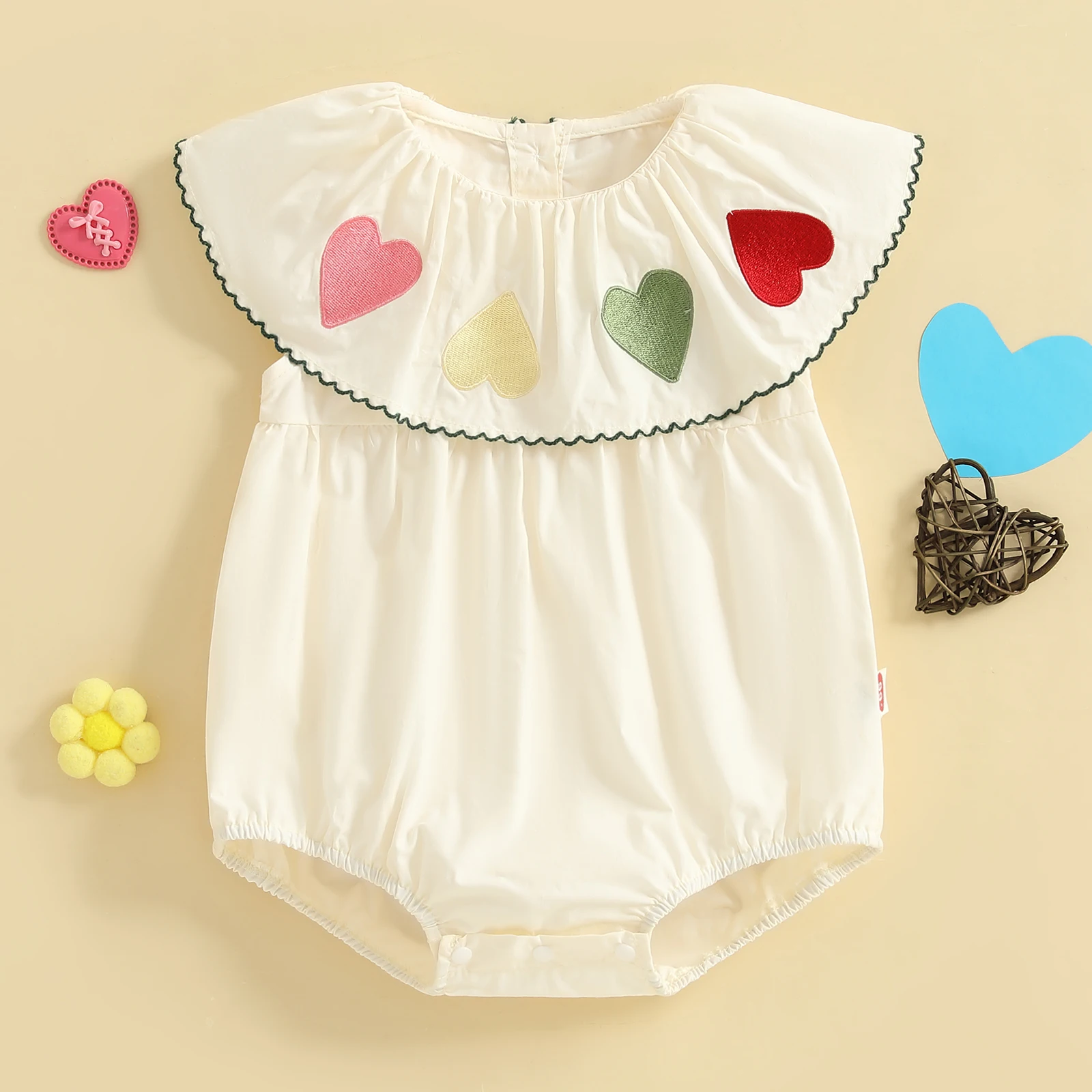 

2025-05-26 Lioraitiin Baby Girl Summer Sleeveless Romper Heart Embroidery Black Trim Round Neck Bubble Jumpsuit