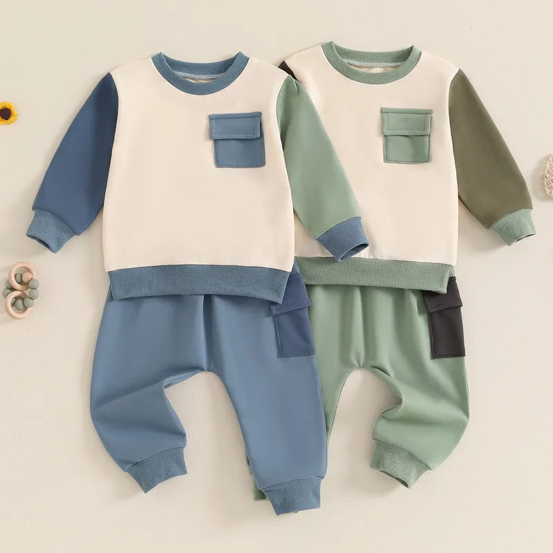 Newborn Baby Boy Pant Sets 2Pcs Fall Clothes Long Sleeve Crew Neck Flap Pocket Sweatshirt and Pants Set Baby Clothing