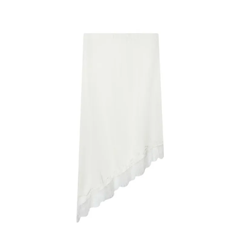 الدانتيل الساتان محكم تنورة المرأة الخريف الشتاء منتصف الخصر غير المتماثلة هيم التباين خياطة تنورة دانتيل تنورة الموضة غير رسمية   ﻿