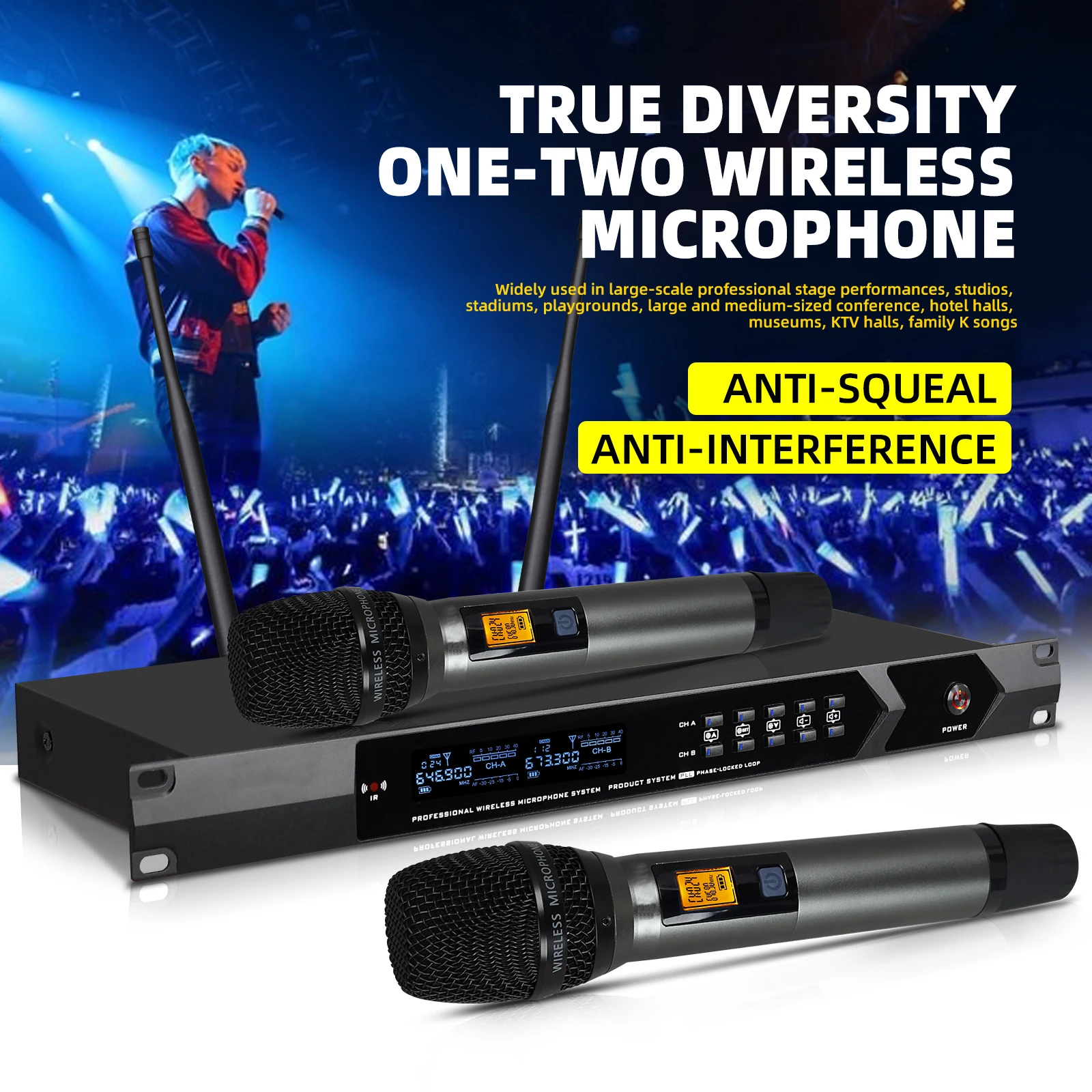 

Professional wireless microphone heavy-duty UHF 200 channel remote reception KTV singing microphone