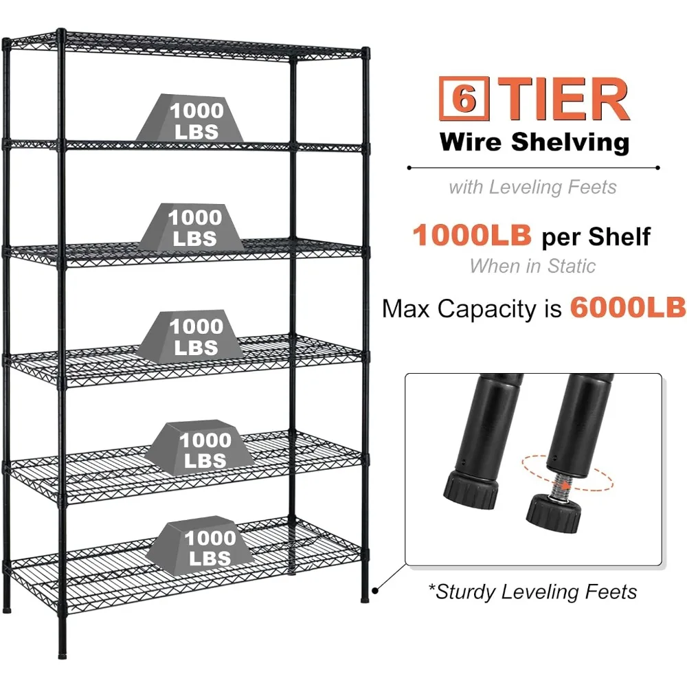 Commercial Heavy Duty 6000 lbs Capacity Storage Shelves - 6 Tier Adjustable NSF Certified Metal Rack System