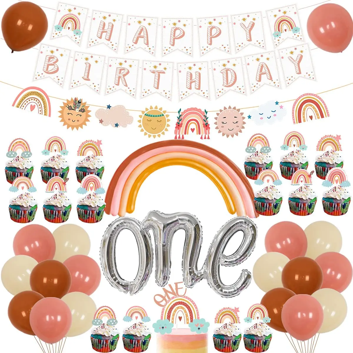 

Boho Rainbow 1st Birthday Decorations Bohemian Balloon Happy Birthday Banner Cake Topper for Girls First Birthday Party Supplies