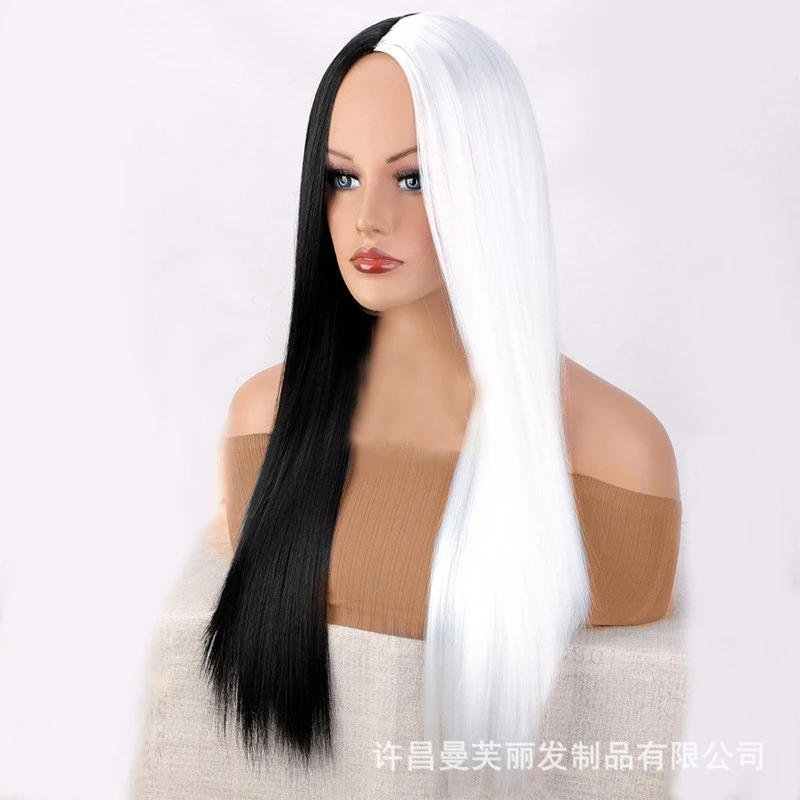 European American style female wig with black and white split-part long straight synthetic hair for cosplay