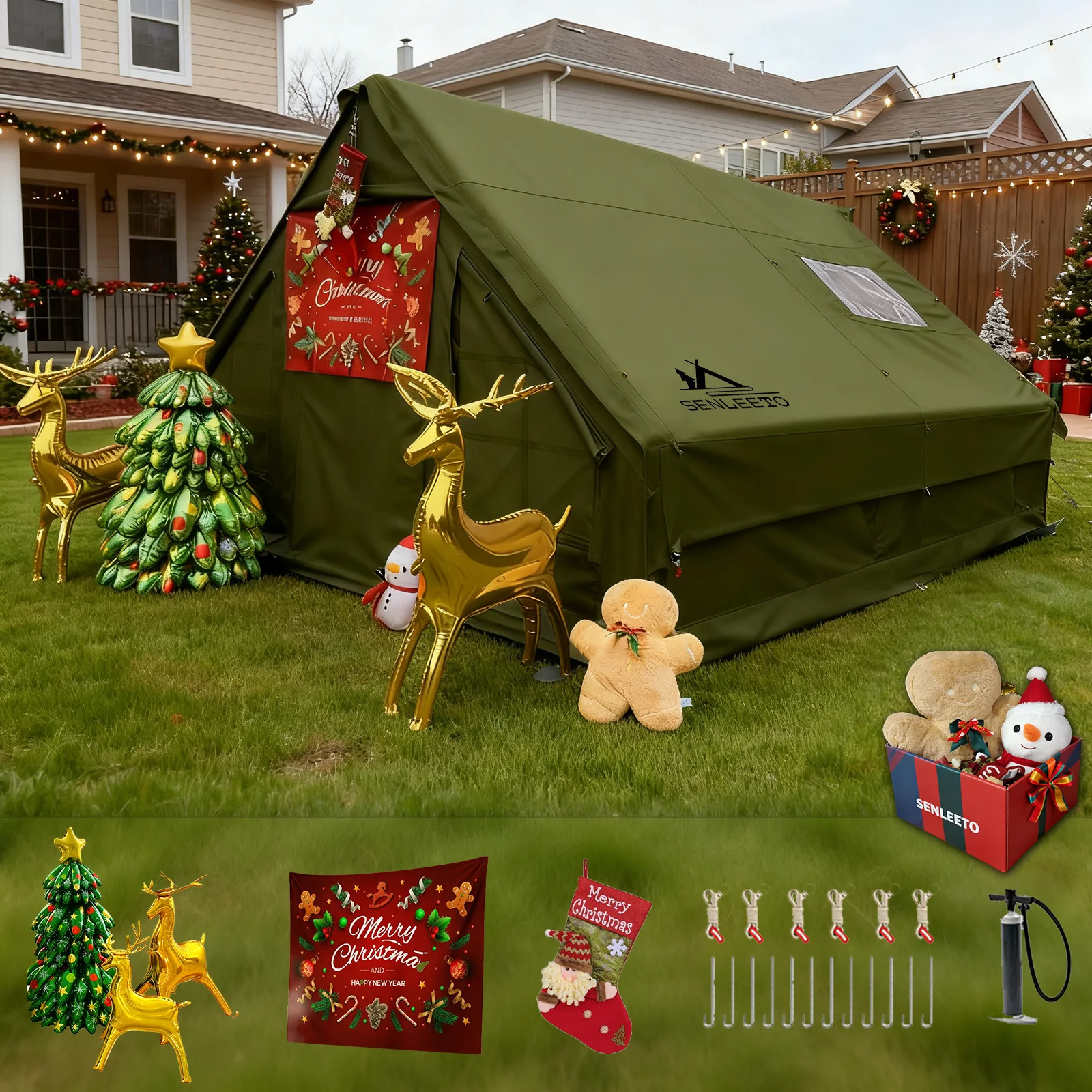 

Большие надувные палатки 13 x 10 футов для кемпинга на 8–10 человек, роскошная 4-сезонная воздушная палатка с разъемом для печи для рождественского кемпинга на открытом воздухе