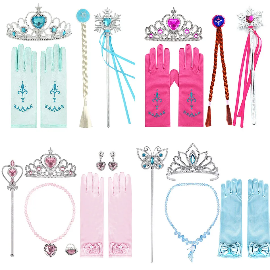 Girls Gloves Set Children Crown Necklace Gloves Earring Ring Magic Wand Princess Costume Accessories Kids Halloween Party Supply