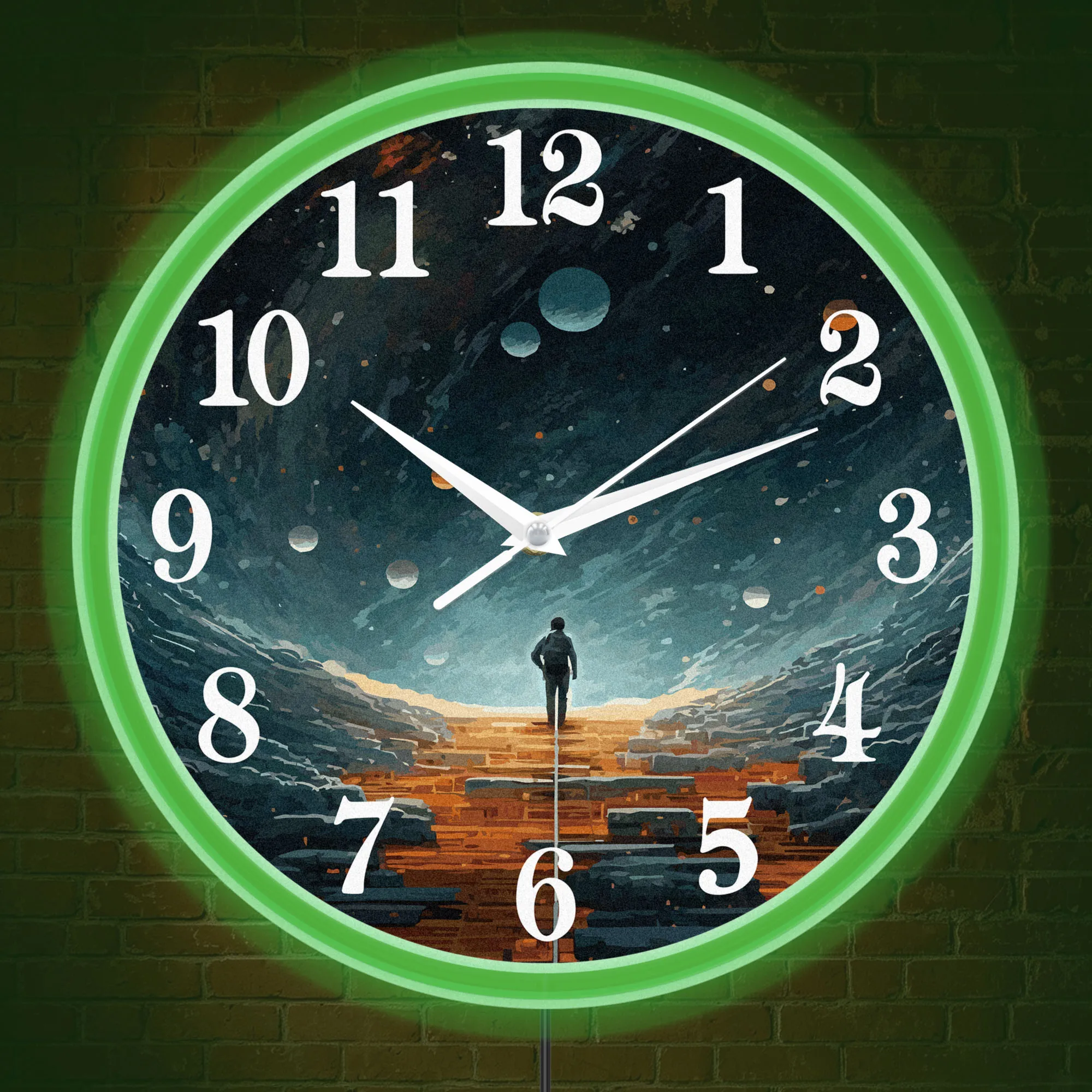 Space Traveler Cosmic Scene LED Neon Wall Clock Sci-Fi Home Decor Deep Space Planets Cosmic Explorer Silent Quartz Wall Clock