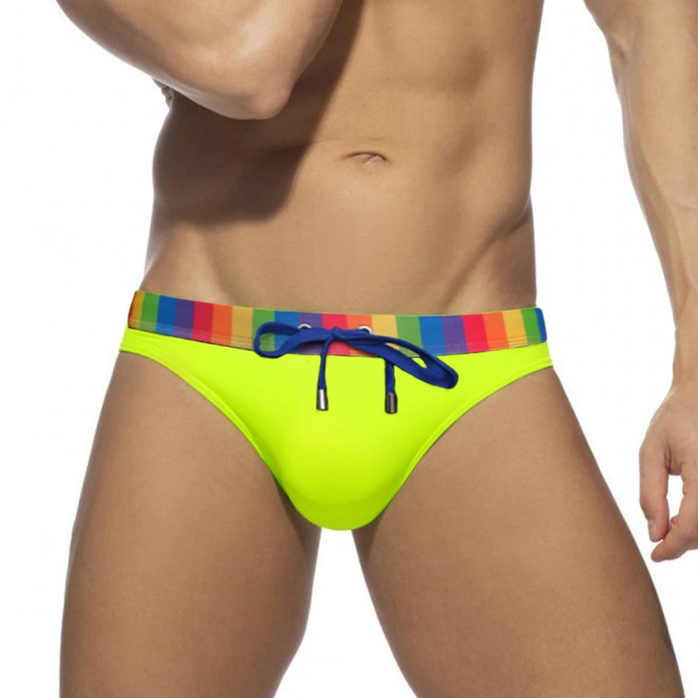 Men's Rainbow Stripe Swim Briefs Contour Pouch Bikini Swimsuit Swimwear Male Sexy Swimming Trunks Board Beach Surfing Shorts