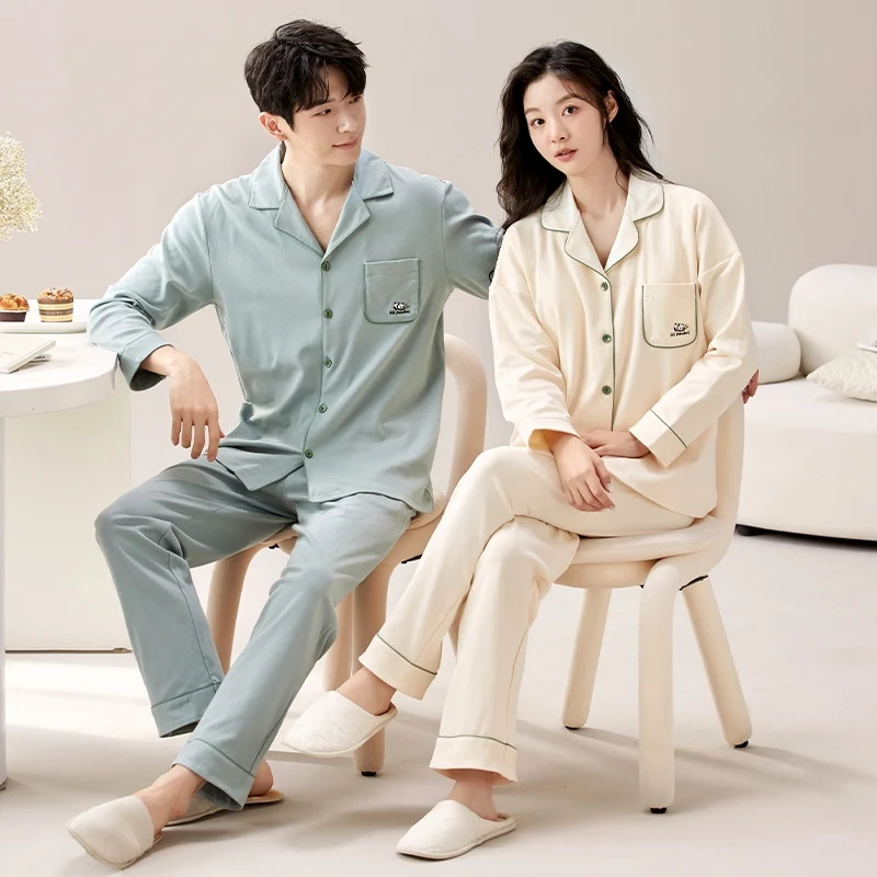 Ensembles de pyjama à manches longues pour couple, 2024 coton, vêtements de nuit coréens, vêtements d'intérieur pour hommes et femmes, automne et hiver 100%