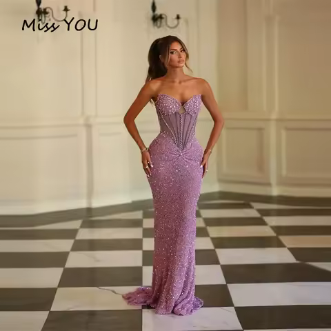 Prom Dress Customized Purple Sweetheart Neck Beaded Mermaid Dresses Sleeveless Corset Illusion vestidos de noiva Formal Evening