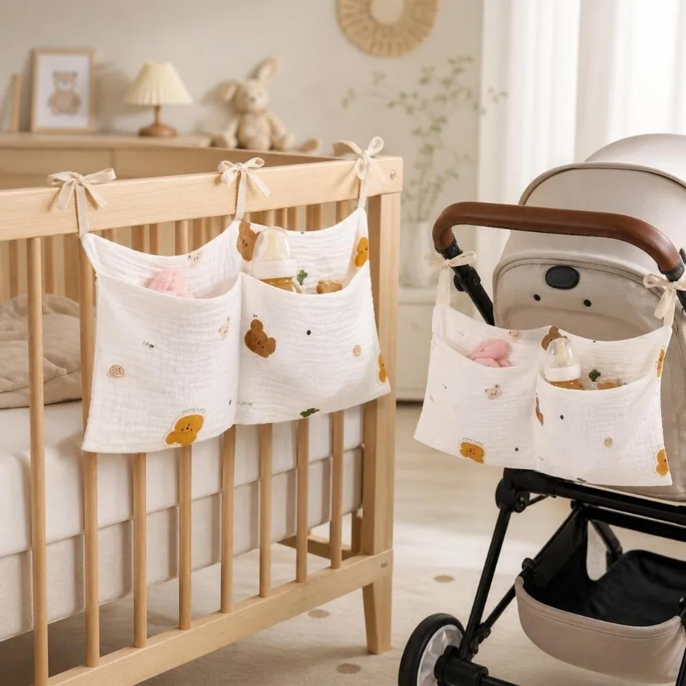 2 Pockets Crib Hanging Storage Bag Multi-Function Portable Diaper Storage Bag Lightweight Folding Baby Bedside Bag Stroller Use