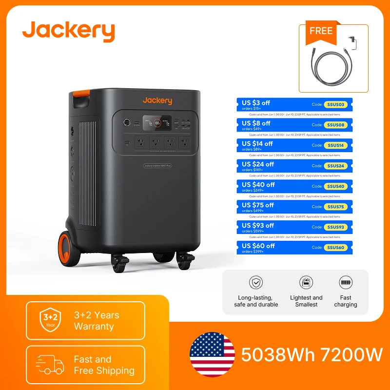 

Jackery Solar Generator 5000 Plus Portable Power Station with 5M Extension Cable,5038Wh LiFePO4, Reliable Backup for Outage use