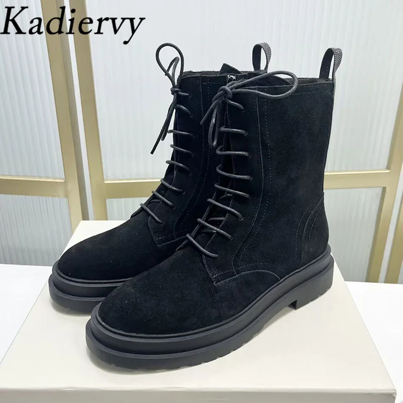 

New Short Boots Woman Round Toe Lace Up Cow Suede Black Boots Thick Sole Shoes Woman String Bead Flat Motorcycle Boots Women