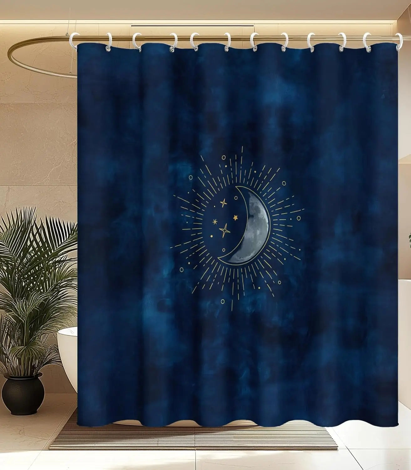 

Navy Blue Crescent Moon Starry Night Shower Curtain Celestial Design 70x70 Inches