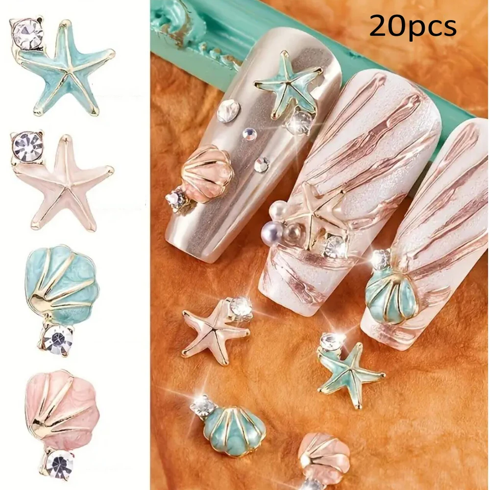 20개/박스 3D 지르콘 메탈 쉘 네일 참 믹스 쉘&불가사리 합금 크리스탈 네일 아트 DIY 여름 바다 조개 네일 부품 JE-1
