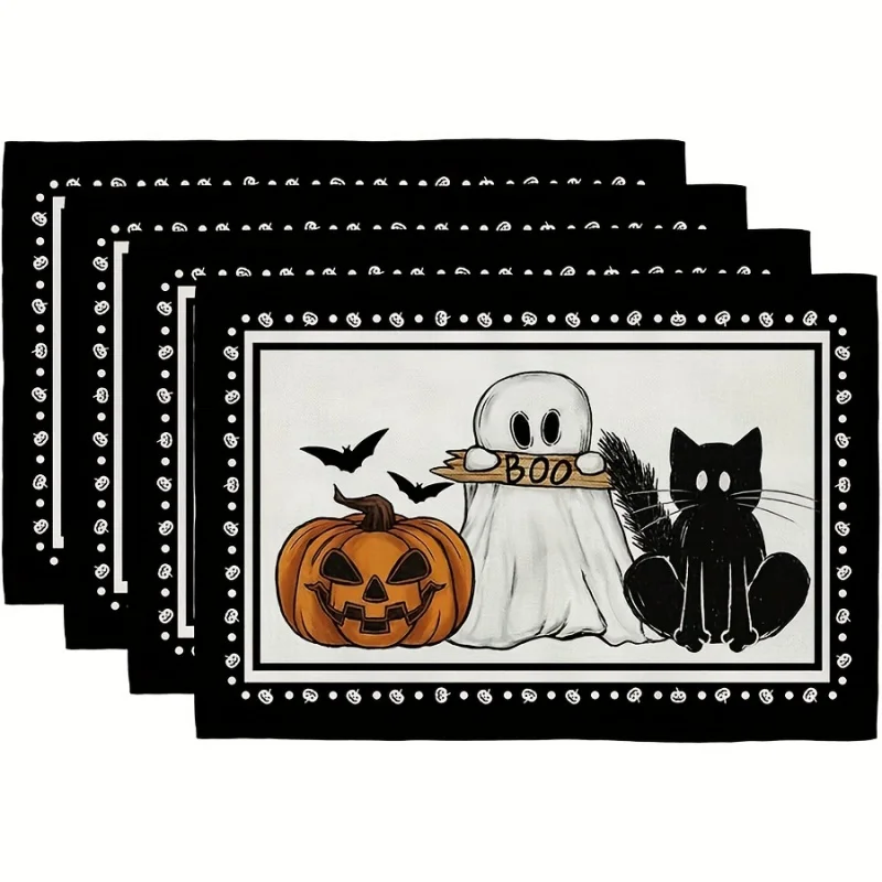 Ghost Black Cat Pumpkin Placemats, Halloween Boo Printed Linen Table Mats, Spooky Season Table Decor