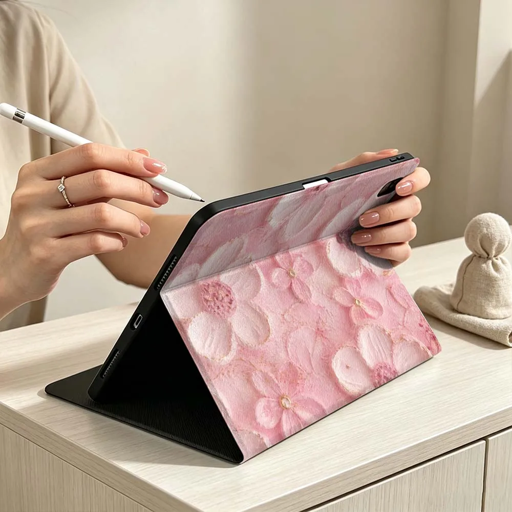 Art Pink Flower Texture Print Soft Pen Tray Tablet Case For iPad Pro Air mini 7 6 5 4 3 2 1 M5 M4 M3 11th 10th A17 Pro A16 A14