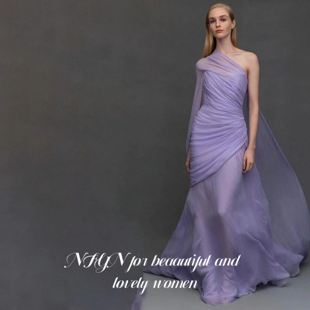 

NFYN Purple Elegant Prom Dresses One-Side Long Sleeve Party Night Dress Chiffon Pleated Evening Gown robes du soir Customized