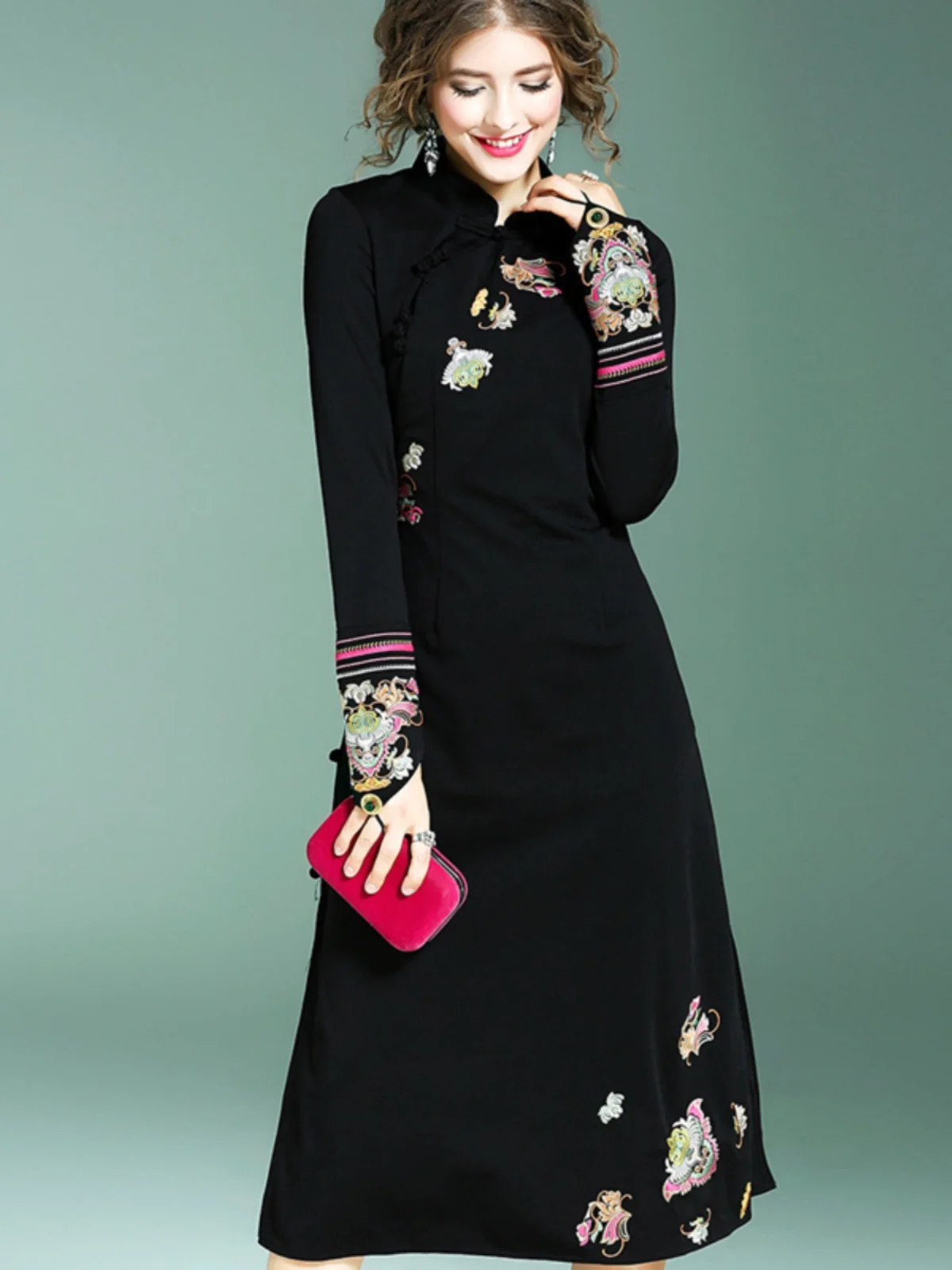 

Women's Reformed Qipao Dr Thiened Fce Lined Midi Length Retro Sle Winter Ready-to-wear Pure Color Ethnic Sle