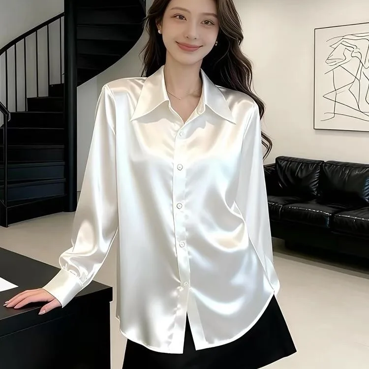 

Elegant Black Silk Shirt Women's Fashion 2026 Early Spring High-End Commute Design Top Moisture Wicking Resistant to Deformation