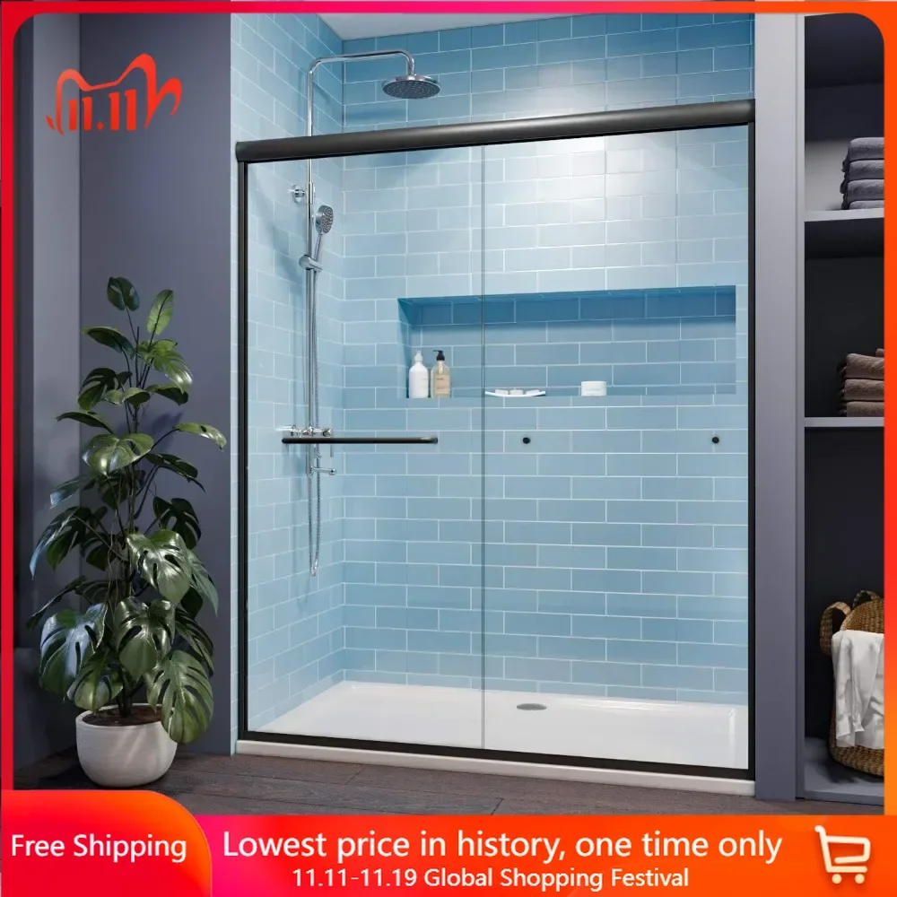 58.5 in.- 60 in. W X 72 in. H Shower Doors, 1/4 in. Clear Glass, Black Hardware, Double Sliding Glass Shower Doors