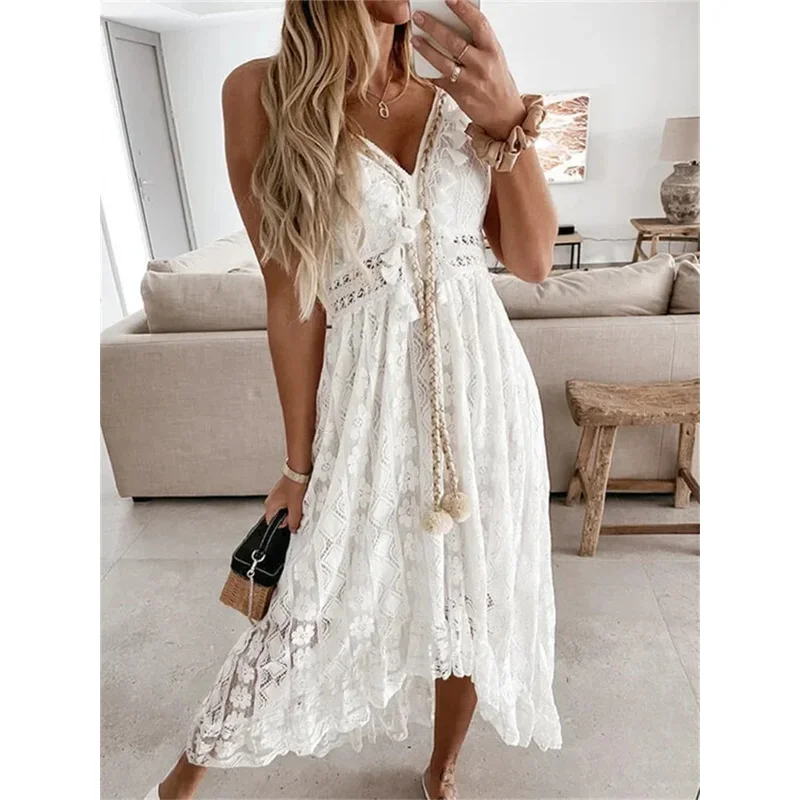 

2024 New Women Lace White Long Dress Sleeveless V Neck Flowy Ruffle Dress Summer Bohemian Retro Sexy Beach Holiday Dresses