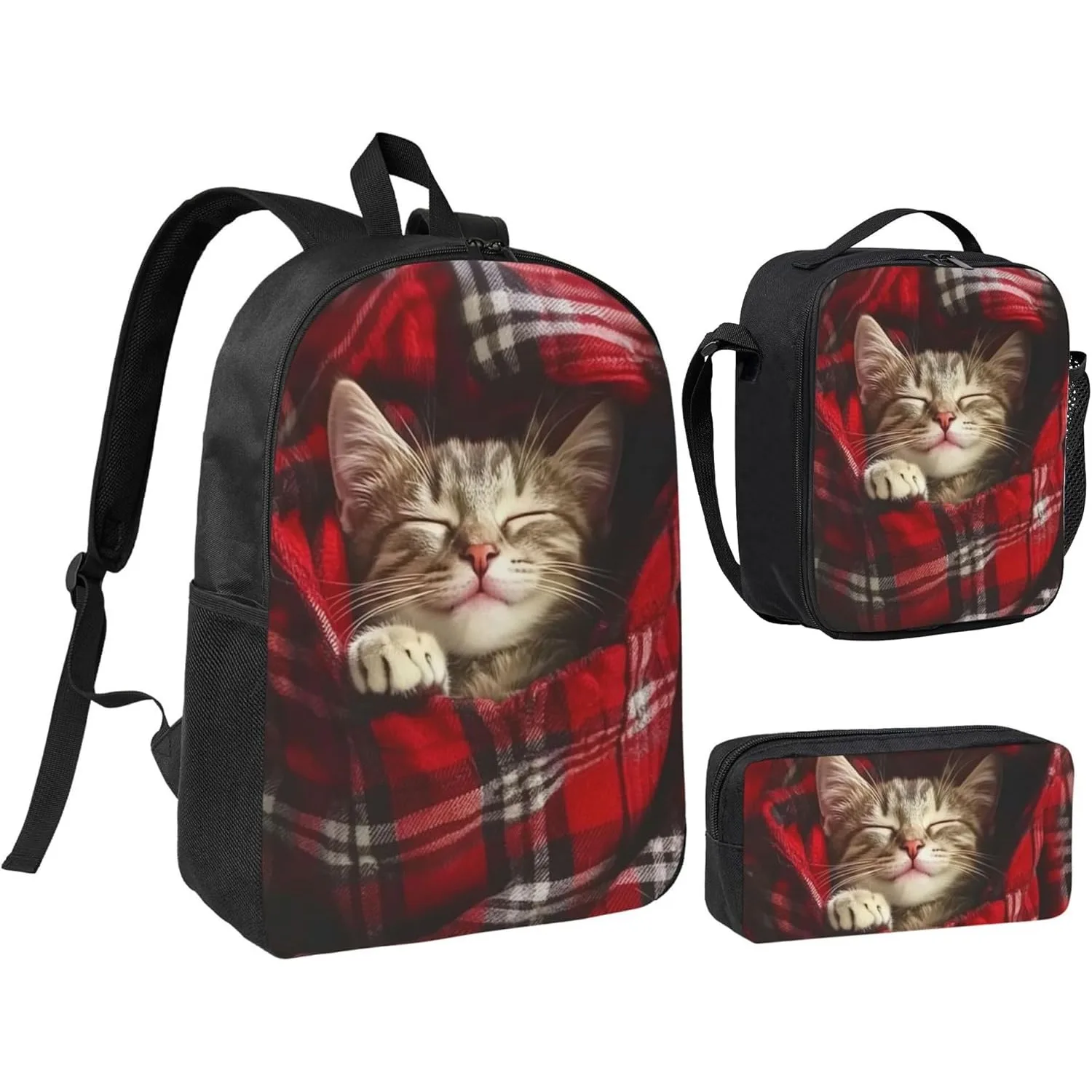 Cat Kid Backpack Set with Lunch Bag & Pencil Case Large Capacity School Bag 17 Inch Bookbag for Boy Girl