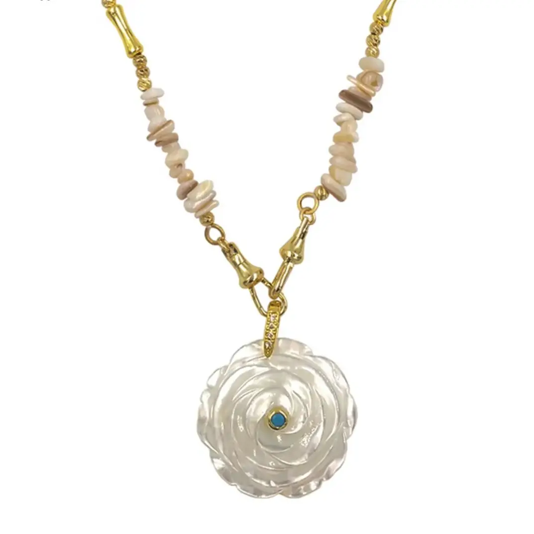 

WT-JN380 Beautiful Flower Engrave Shape Shell Beads And Zircon Paved Fine Brass 52cm Necklace For Women Party Accessory