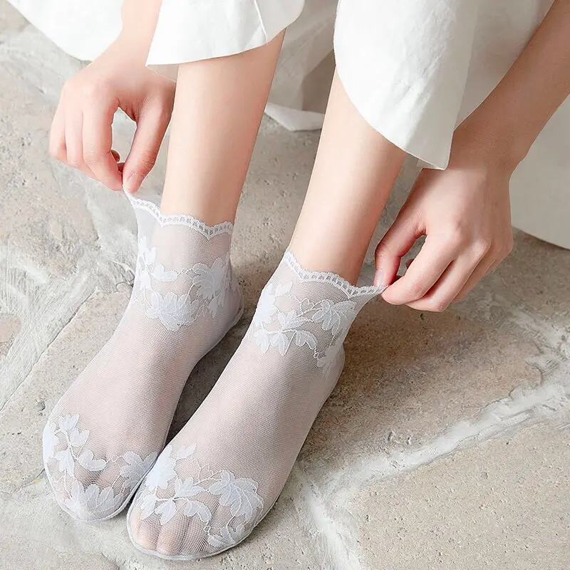 5Pairs Women's Summer Socks Breathable Ultra-Thin Lace-trimmed Mid-calf Boat Sock Comfortable Fashionable Casual ankle Sox