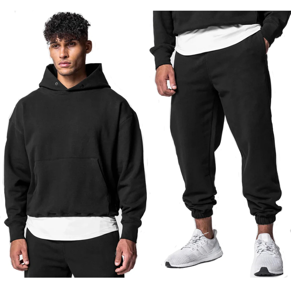 Men\'s Cotton Training Sets Thick Fitness Sports Kits Pullover Hooded Top with Pants Sweatshirts Gym Sweatpant Running Tracksuits