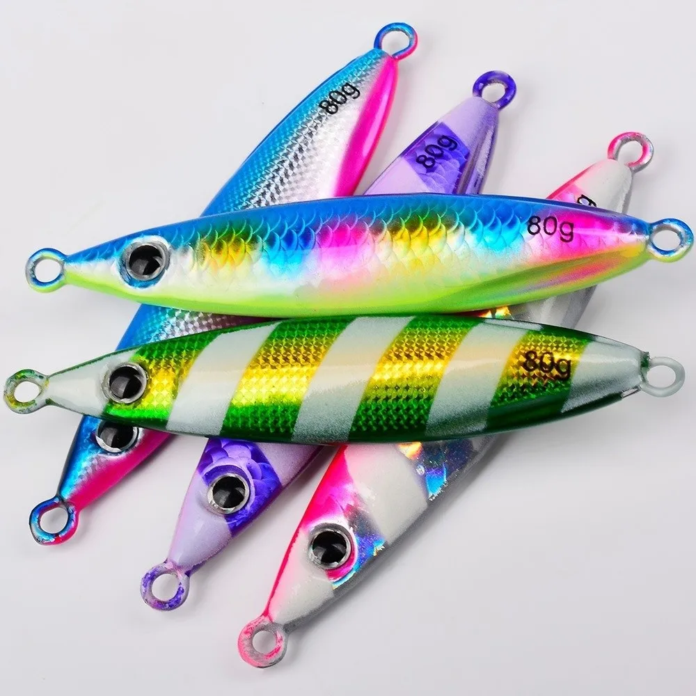 Metal Casting Jig Bait Reflective Fish Pattern Feathered Assist Hooks Saltwater Fishing Lure Long Casting Metal Jig Lure