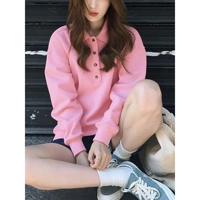 Felpa da Donna Rosa con Colletto a Polo, Maniche Lunghe, Bottoni Frontali, Stile Casual e Comodo per Uso Quotidiano