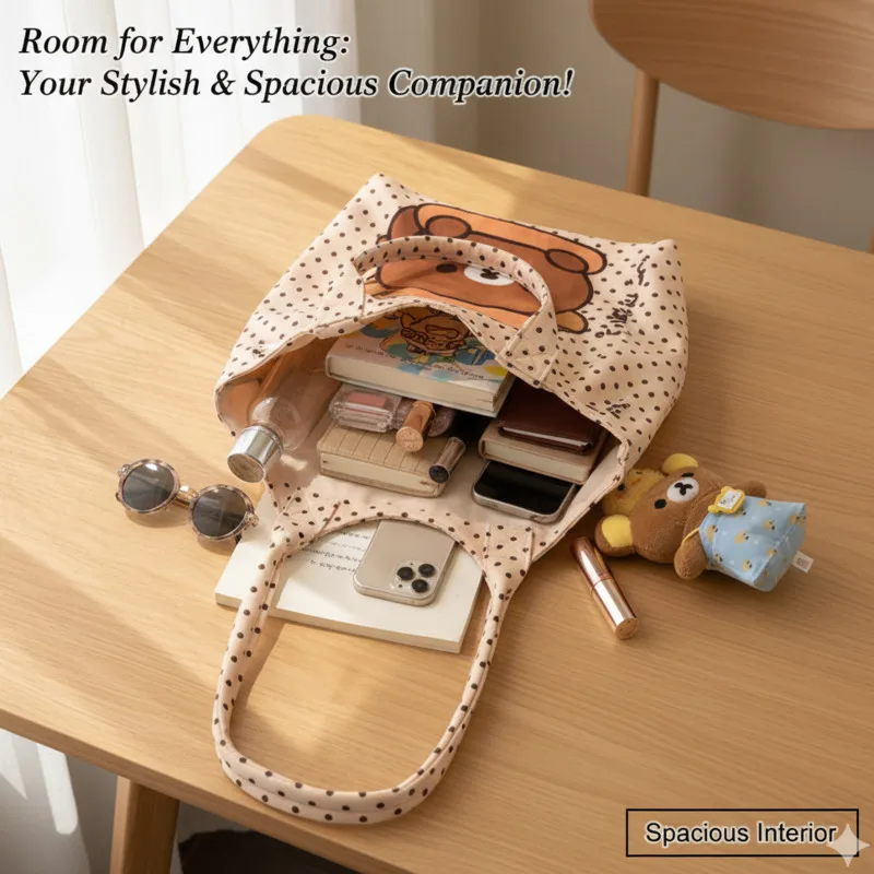 Torba na ramię Y2K Rilakkuma z ilustracją, wzór w kropki, nadruk kreskówkowy, na jedno ramię, studencka, zapinana na zamek, do dojazdów do pracy, o dużej pojemności, nowa.