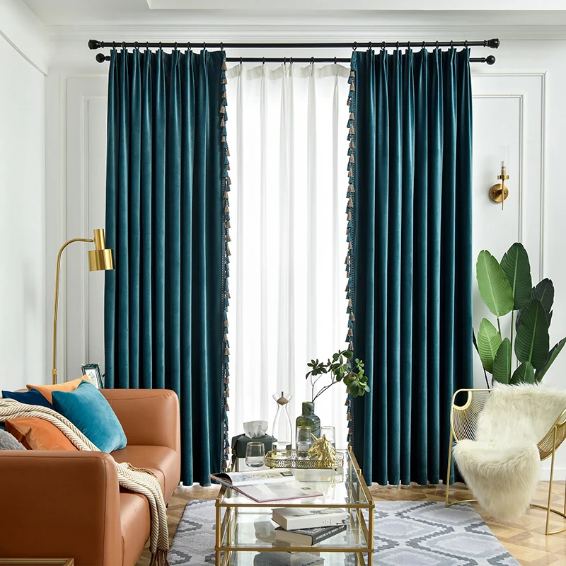 Custom Upscale American thick lake blue flunnel fabric living room velvet cloth blackout curtain tulle drape C1868