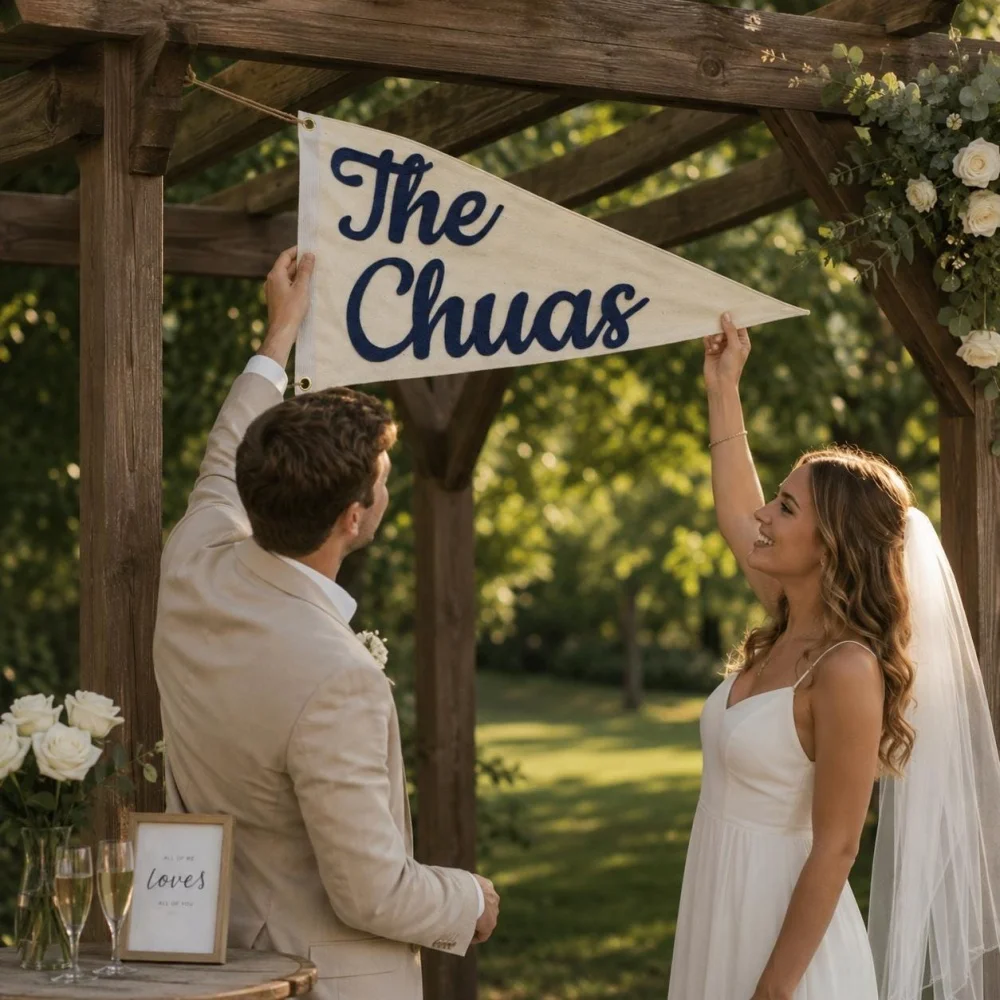 Personalized Embroidered Family Name Triangle Pennant Flag Custom Canvas Banner Wedding Photo Prop Wall Hanging Decoration