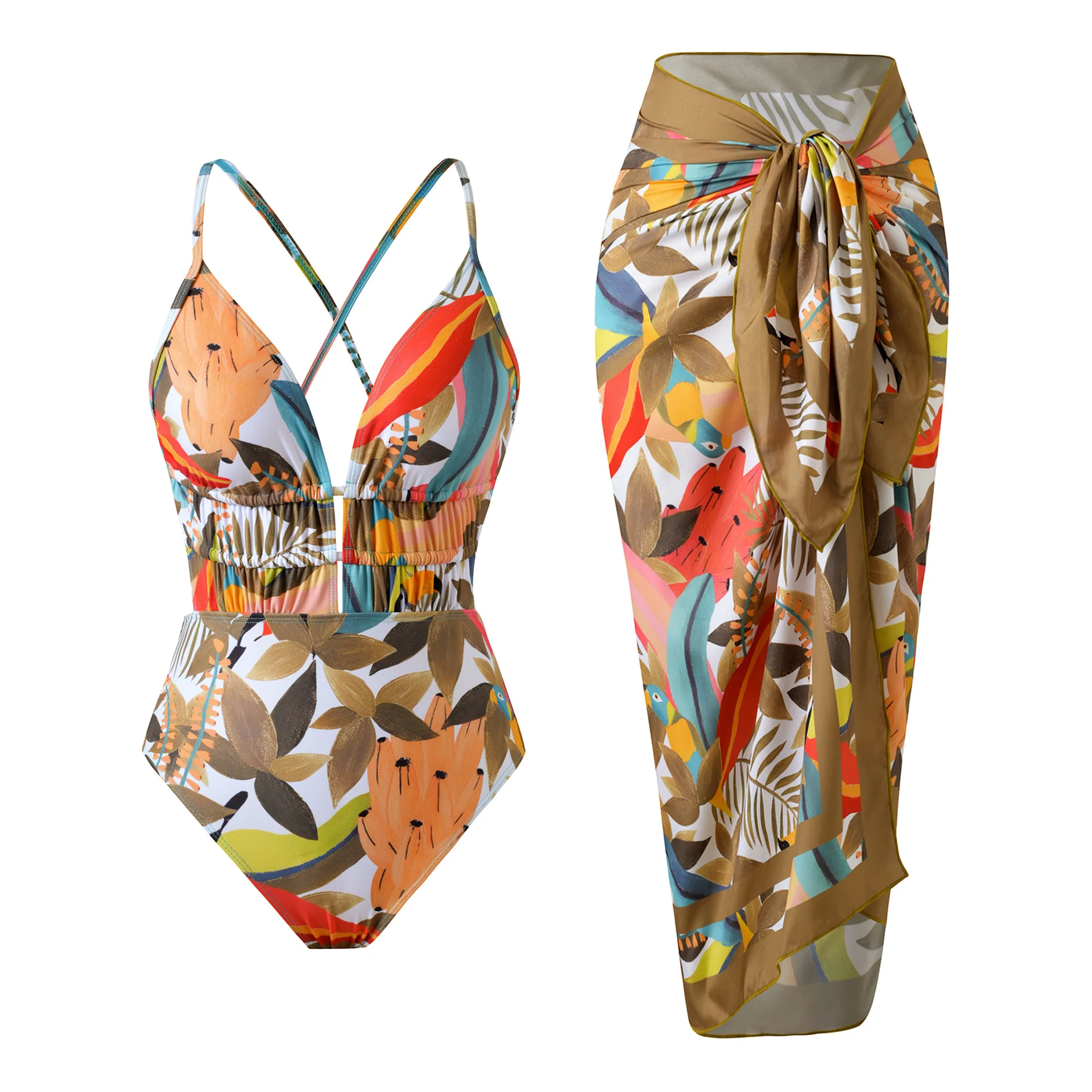 

Комплект из 2 предметов: ретро-купальник с принтом и накидкой, сексуальное женское бикини 2026 с V-образным вырезом, женский бикини, боди, монокини, пляжная одежда