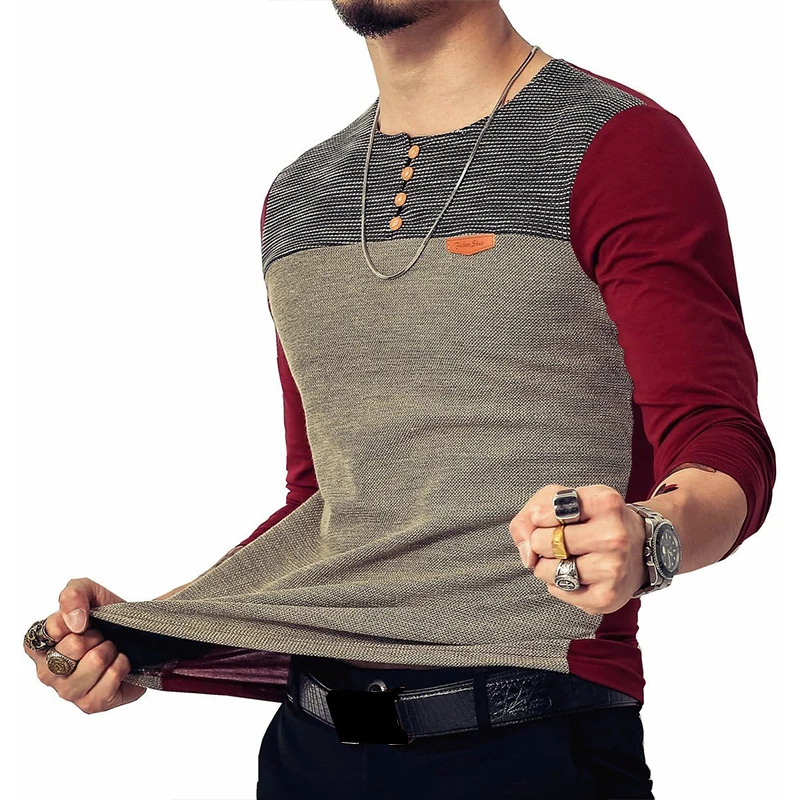 Men‘s Slim Fitted Casual Long-Sleeve Button T-Shirts Contrast Color Stitching Top Tees