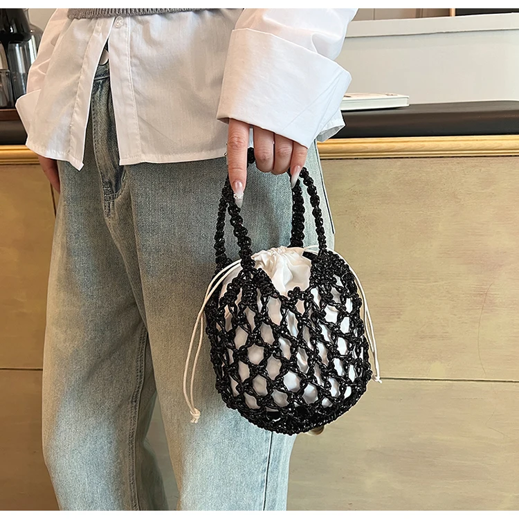 Summer Woven Bag Bucket Handbag and Purses Totes Shoulder Bag for Women Trendy Designer 2024 New Solid Ladies Travel Bags