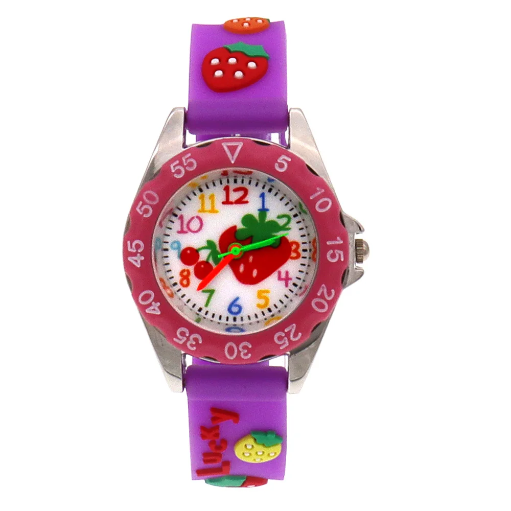 딸기 시계 어린 소녀 시계 핑크 시계 보라색 학생 시계, 실리콘 스트랩 시계, 소년 소녀 선물, 어린이 시계