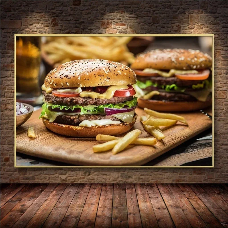 Delicious Fast Food Beef Burger Fries Poster and PrintsCanvas Painting Wall Art Pictures for Dining Room Burger Shop Home Decor