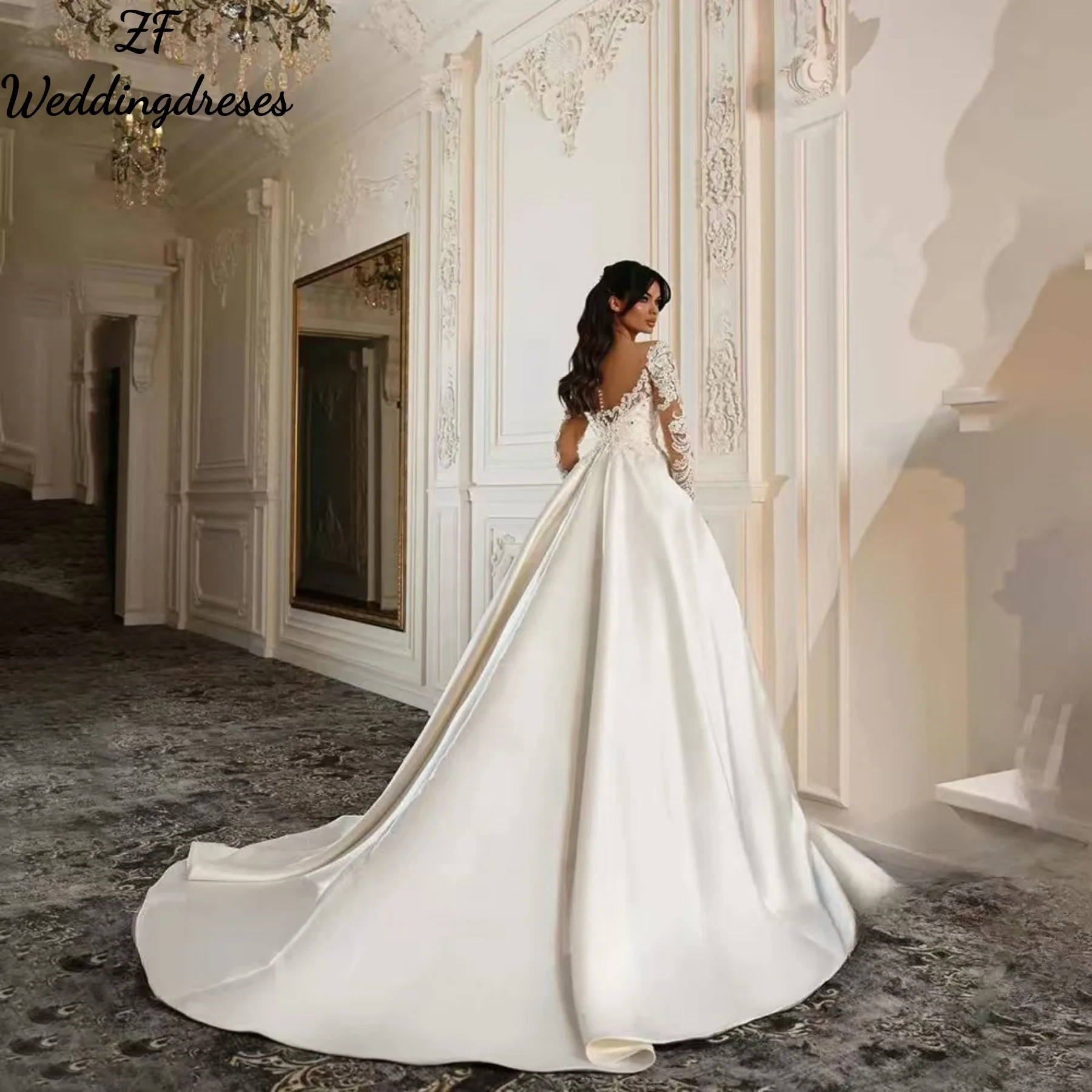 zf Maßgeschneidertes Luxus-Hochzeitskleid mit herzförmigem Ausschnitt, Spitzenapplikation, langen Ärmeln, Satin, A-Linie, Sweep-Zug, Brautkleid