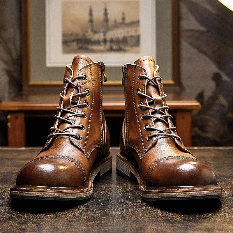 New Handmade Men Vintage British Men Ankle Boots High Quality Cow Leather Shoes Spring Autumn Soft Tooling Motorcycle Boots