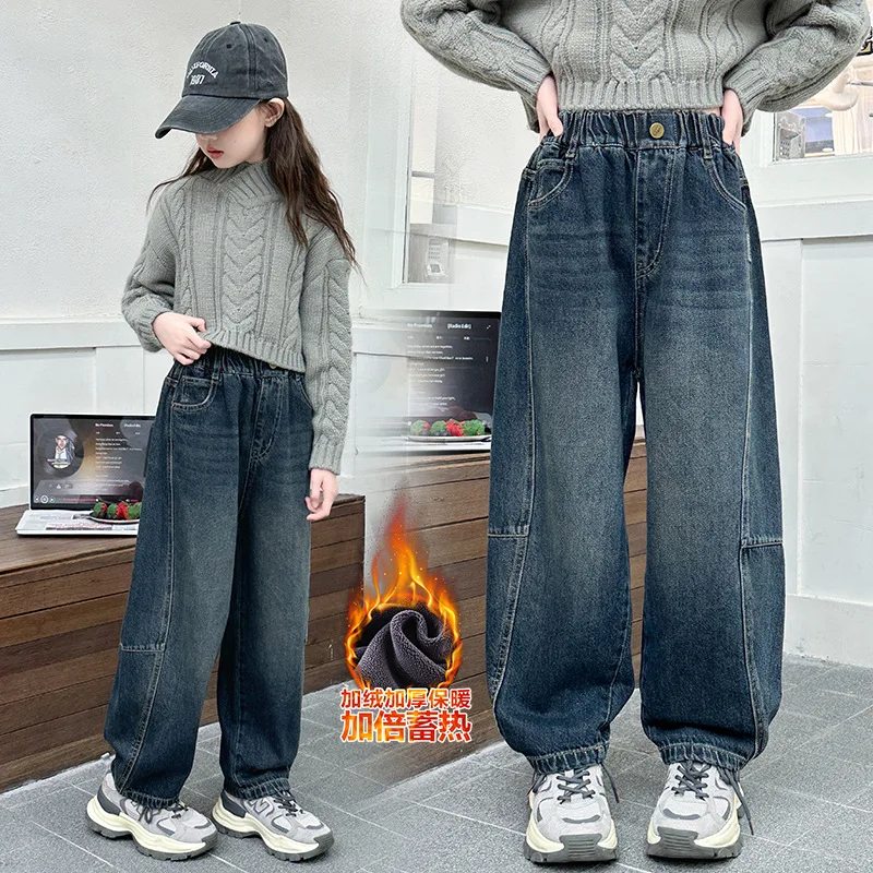 

Зимние утепленные джинсы для девочек-подростков, детские винтажные термоджинсовые брюки с флисовой подкладкой, детские повседневные модные теплые джинсовые брюки
