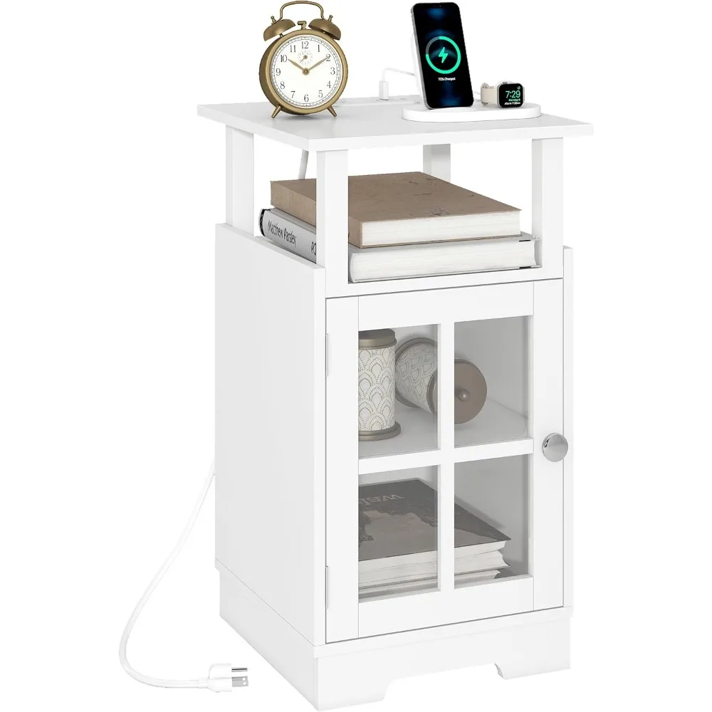 

Modern White Side Table with USB Charging and Outlets, Mid-Century Inspired Nightstand