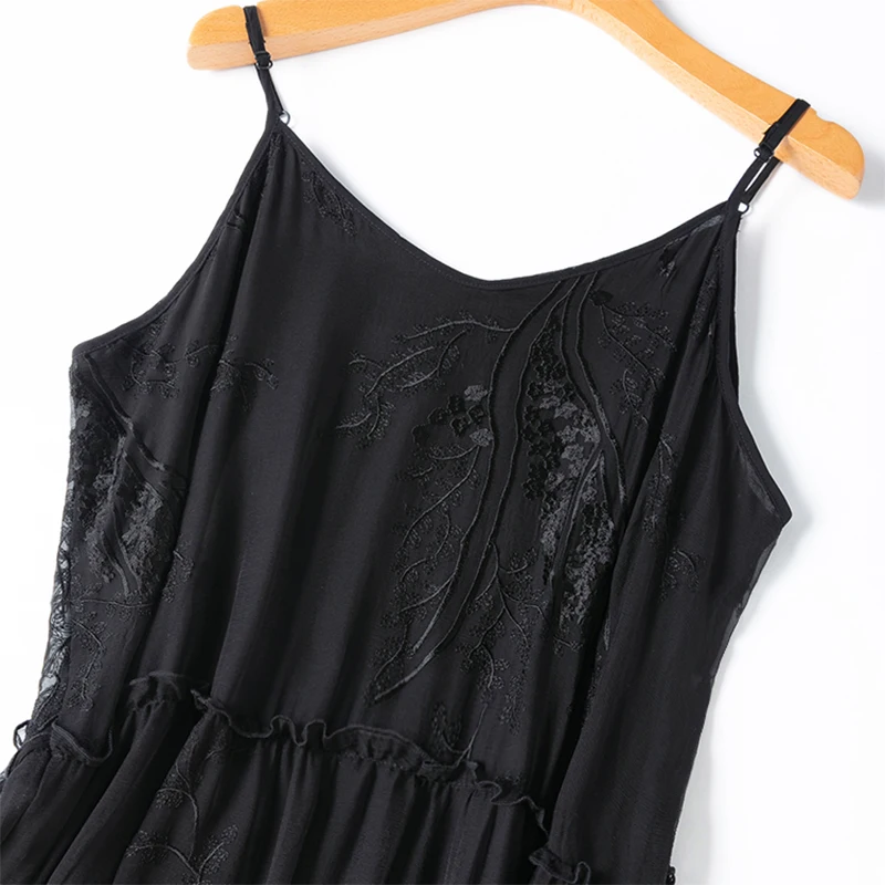 Women Chemise Dress 100% Mulberry Silk With Lining Embroidery Spaghetti Straps Big Hem Slip Summer Beach M L XL M1131