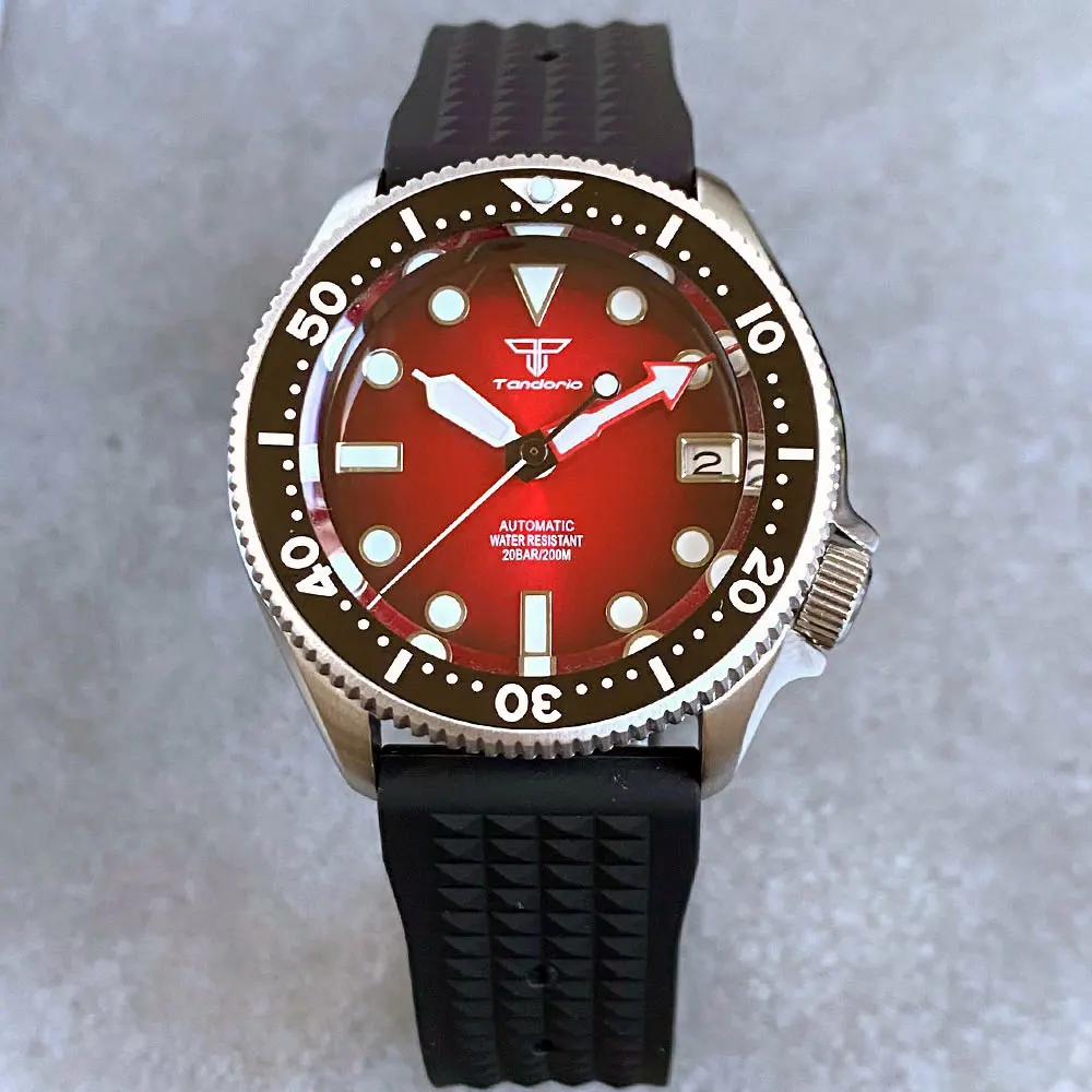 37mm Tandorio 20ATM Diver NH35 Sunburst Red Blue 120 Click Sapphire Luminous Automatic Men Watch Date 3.8 Crown Waffle Strap