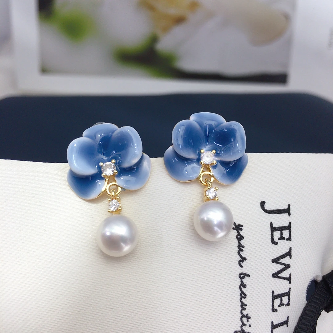 ZHBORUINI 7-7.5mm Freshwater Pearl Earrings Dreamy Blue Phalaenopsis Elegant Flower Earrings Vintage Fashion Jewelry Romantic