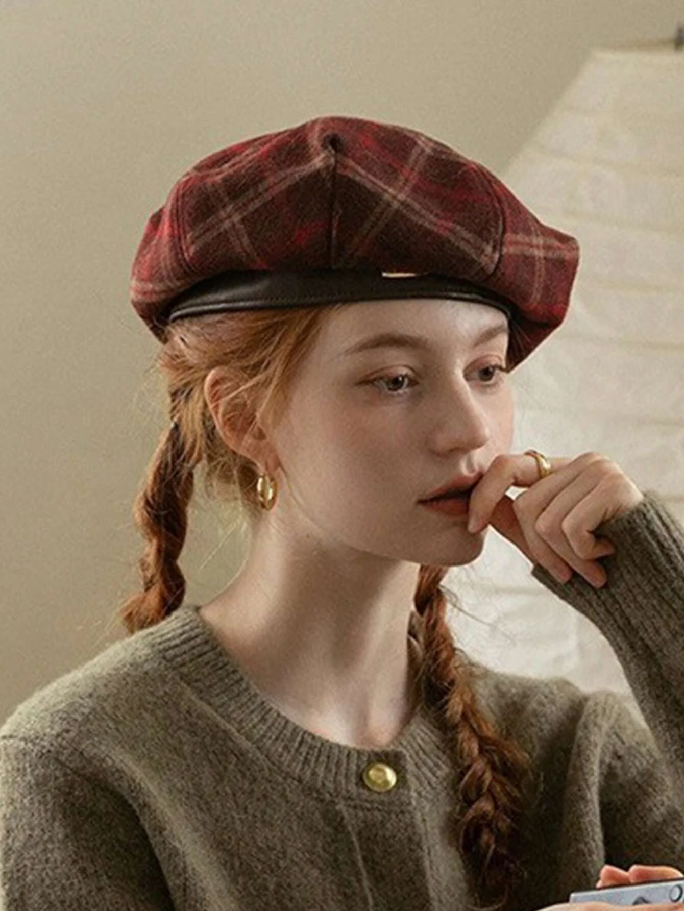 Big head leather edge beret female British retro plaid woolen octagonal hat versatile painter hat female