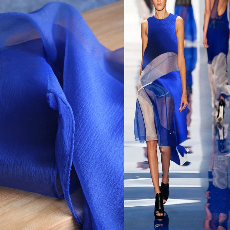 Organza Blue Pleated Fabric Perspective Soft for Diy Sewing Wedding Dress Design Creative Fabrics Fashion Cloth Per Meter