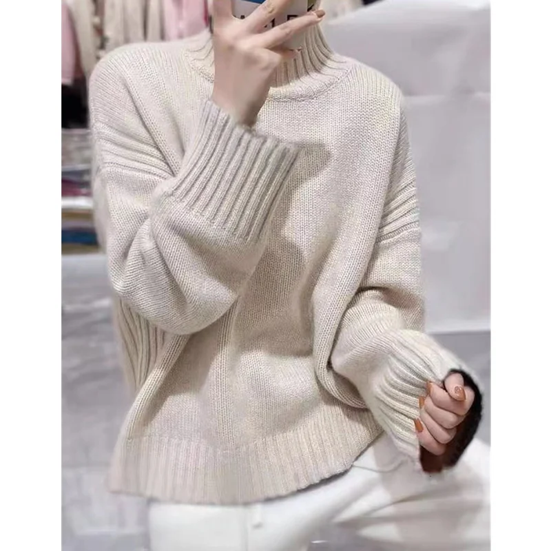 European thickened high-necked pure cashmere sweater women autumn and winter lazy loose pullover sweater wool base sweater